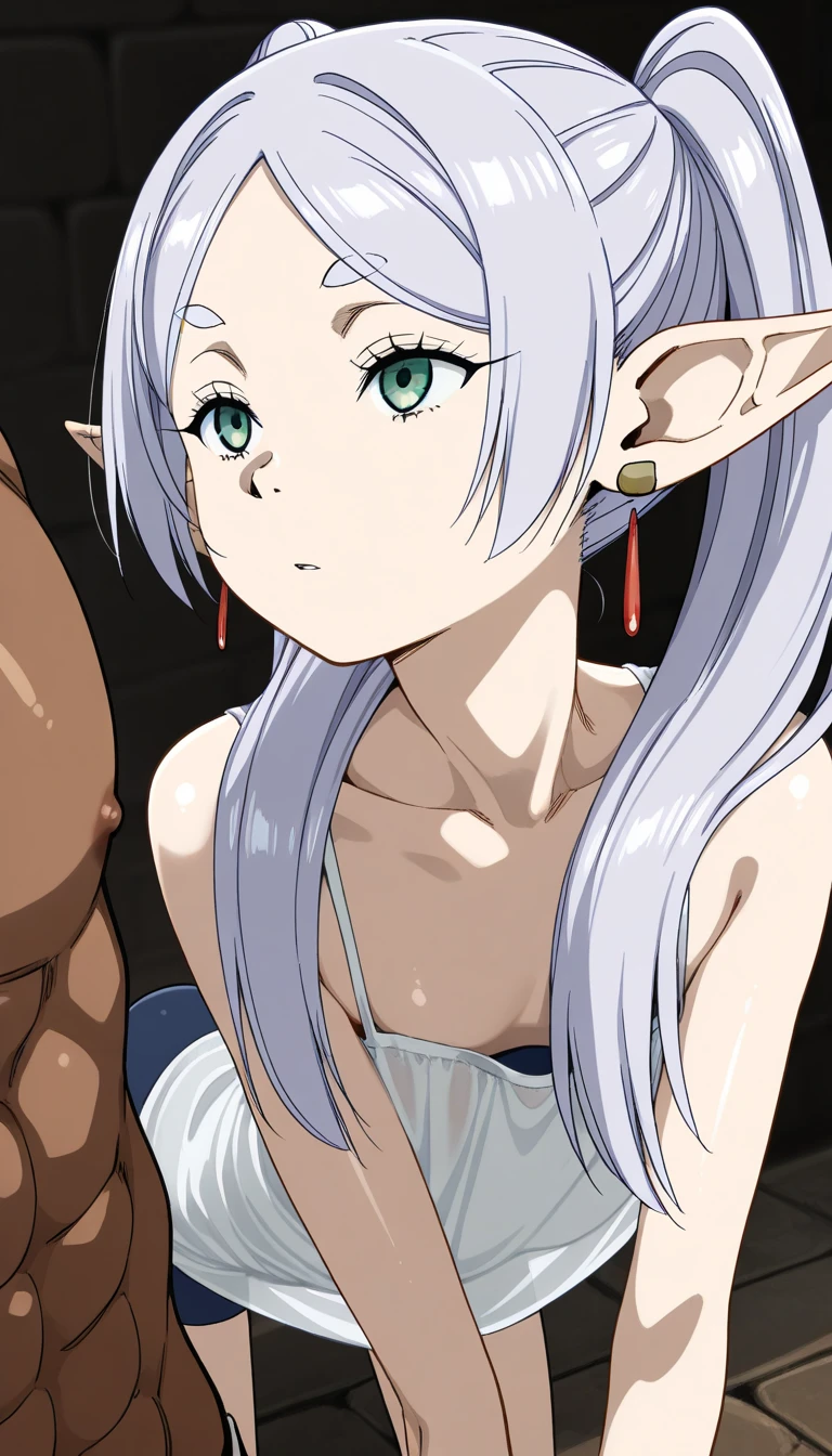 masterpiece, Highest quality, Highest quality, High resolution, concentrated、You can see the top and bottom of your underwear(White underwear)、Open chest、The crotch is open、A warrior girl being pushed down by a goblin and having her breasts grabbed(Horizontal)(White Hair)(Blue clothes)(choker)(belt)(Heart Necklace)(The longest knee-high socks)(Tear bags)(Earrings)、Side view、Drops of sweat fly、Speed、