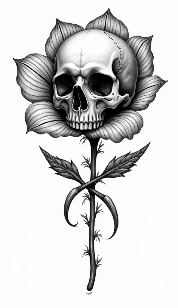 Draw me easy graphic tattoo design with these emojis "💀🌻🐍🕸👑"  the 🌻 need to be 💀 mouth and 👑 on 💀 head with big🐍