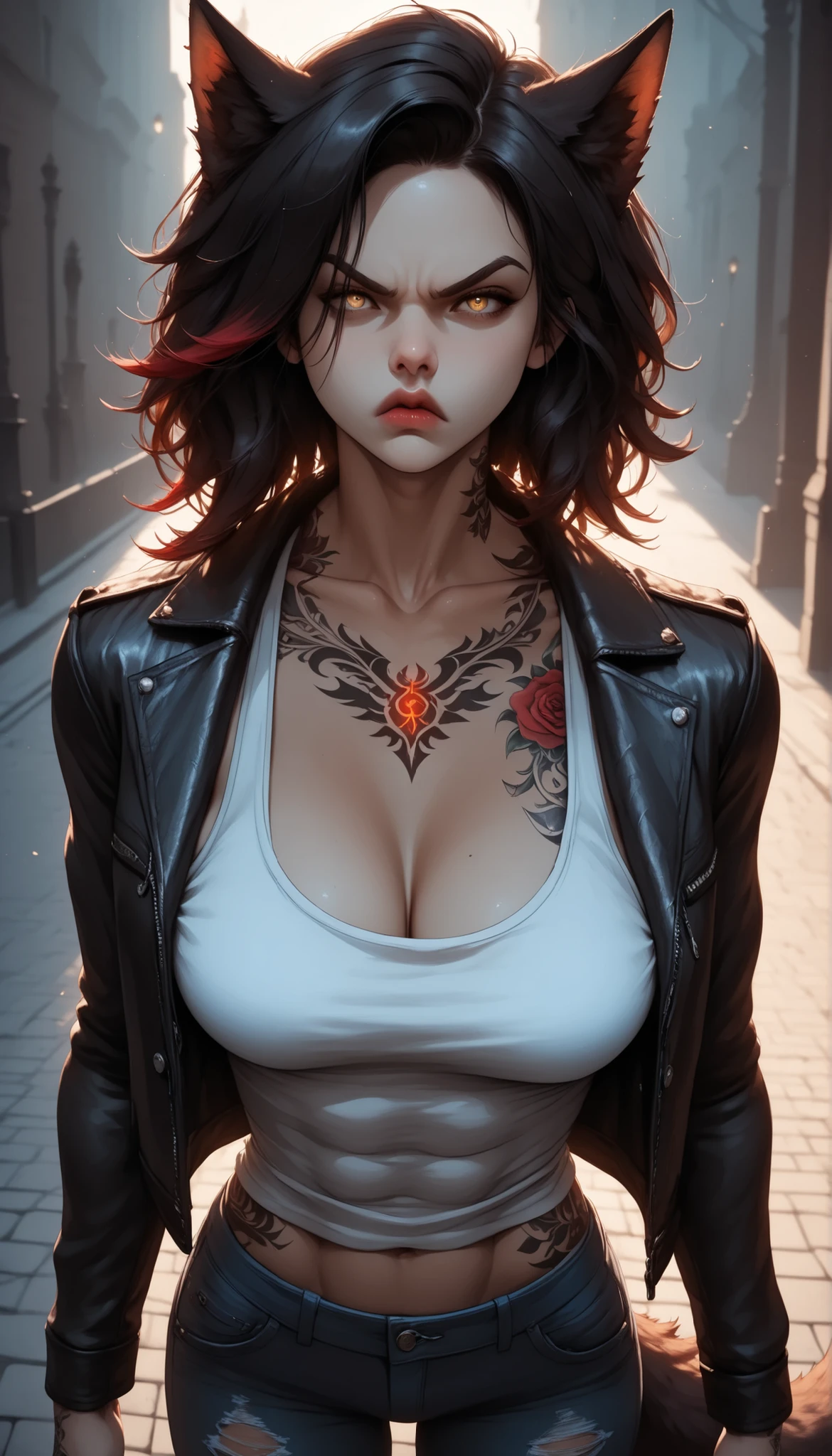 urban_park, pale_skin, black_hair, short_hair, red_highlights, wolf_ears, wolf_tail, yellow_eyes, muscular_female, muscular_arms, detailed_tattoos, (detailed_face:1.3), (sharp jawline), (high nose bridge:1.2), full lips, soft skin, glowing_skin, refined_cheekbones, arched_eyebrows, visible_philtrum, 1girl, solo, upper_body, fangs, (angry:1.3), frown, black_tank_top, leather_jacket, ripped_jeans, neck_tattoo, chest_tattoo, arm_tattoo, standing, hands_on_hips, from_below, cowboy_shot, dramatic_composition, portrait_orientation, (cinematic lighting), (volumetric_lighting), (rim light), (soft shadows), ((forced_perspective)), (Diminishing scale perspective:1.3), (masterpiece:1.2), (best quality:1.2), ultra detailed, 8k, watercolor, (lora:Yandere Queen:0.85), (lora:SDXL high detailed. LoRA_SDXL_ARW_0010:0.75), (lora:Waifu Eyes:0.5), (lora:NKxXmo's Shaded Face:0.5), (lora:NoobAI-XL Detailer:0.6), (lora:Detail Tweaker:0.65)