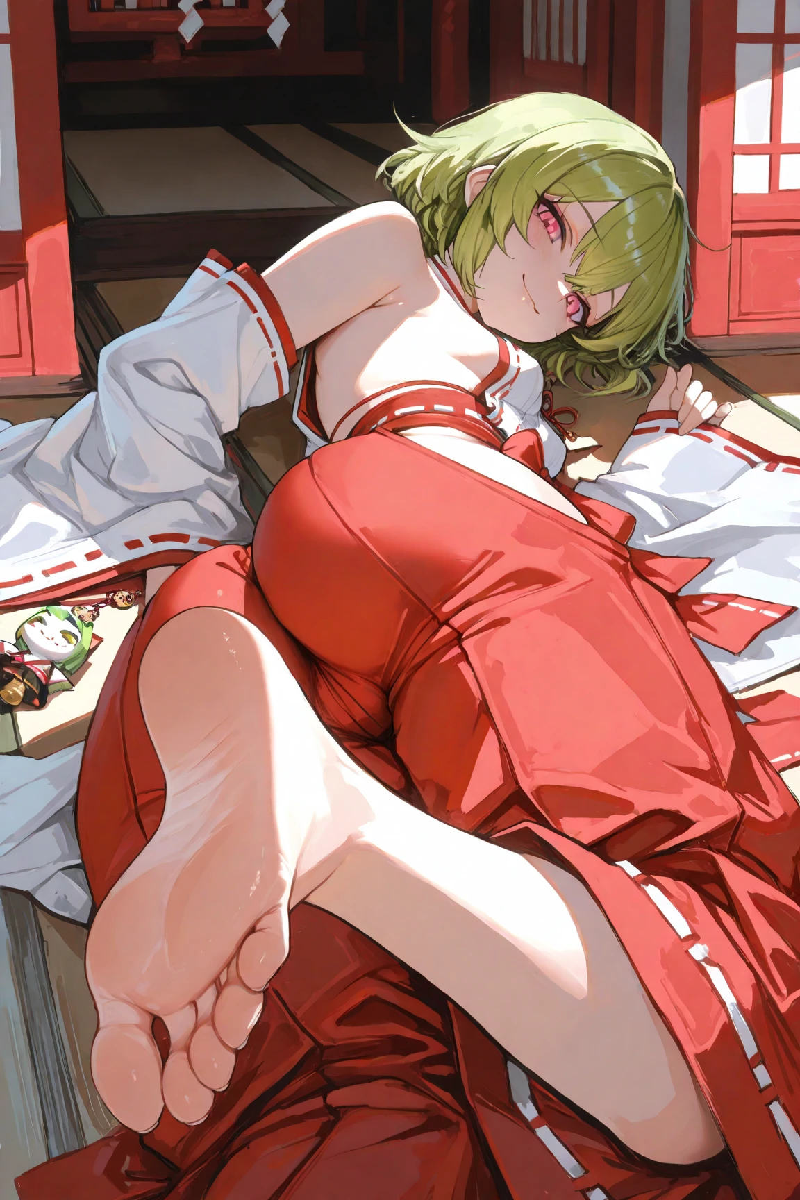 mitsuri kanroji,sleeping,half covered with blanket,sleepy, sleeping,feets,red nails,red underwear,abs, laying on bef, head on pillow,y,large bremiling ,blush on face,fidgets with her legs,red thongs