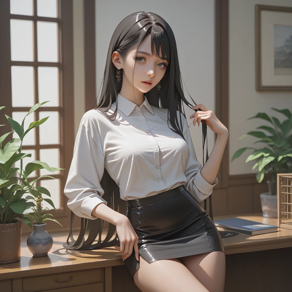 first-person-view, (Innocent and Cute girl:1.3), (Wearing sleeveless turtleneck sweater: 1.2), (Pleated mini skirt of white colors:1.2), (Thin black tights), ((Zettairyouiki:1.3)), (High-Ponytail hairstyle, Dark blond hair, wavy hair), medium large breasts, (Sitting on the Office chair with one's legs crossed:1.4), looking up at me, (Full body shot:1.2), BREAK, (Masterpiece: 1.3), (Maximum resolution: 1.2), (Ultra HDTV: 1.2), Cinema Light, Ultra HDTV, (Detailed eyes and skin:1.2), (Detailed facial features), HDR, 8k resolution, Sharp focus: 1.2, Perfect style, Beautiful face, beautiful legs, accurate, anatomically correct, Highly detailed face and skin texture, Detailed eyes, Blue eyes, Double eyelids, Thin eyebrows, Glitter Eyeliner, Natural cheeks, fair skin: 1.2, earrings, without a shiny small necklace, (Glossy lips: 1.4),