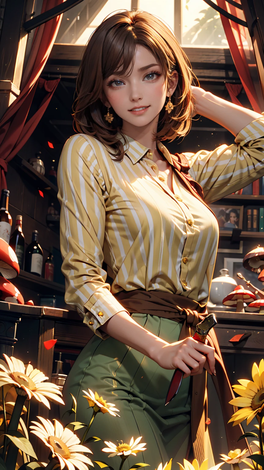 (((One girl))), ((((alone)))), ((Messy hairstyle)), Stand and take a photo, (((Reddish yellow hair)), Red eyes, Soft blouse