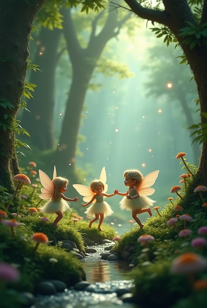 * A sunny clearing in the forest, where a group of tiny fairies gather around a miniature bonsai. The fairies laugh and talk as they tend to the tiny tree with delicate tools