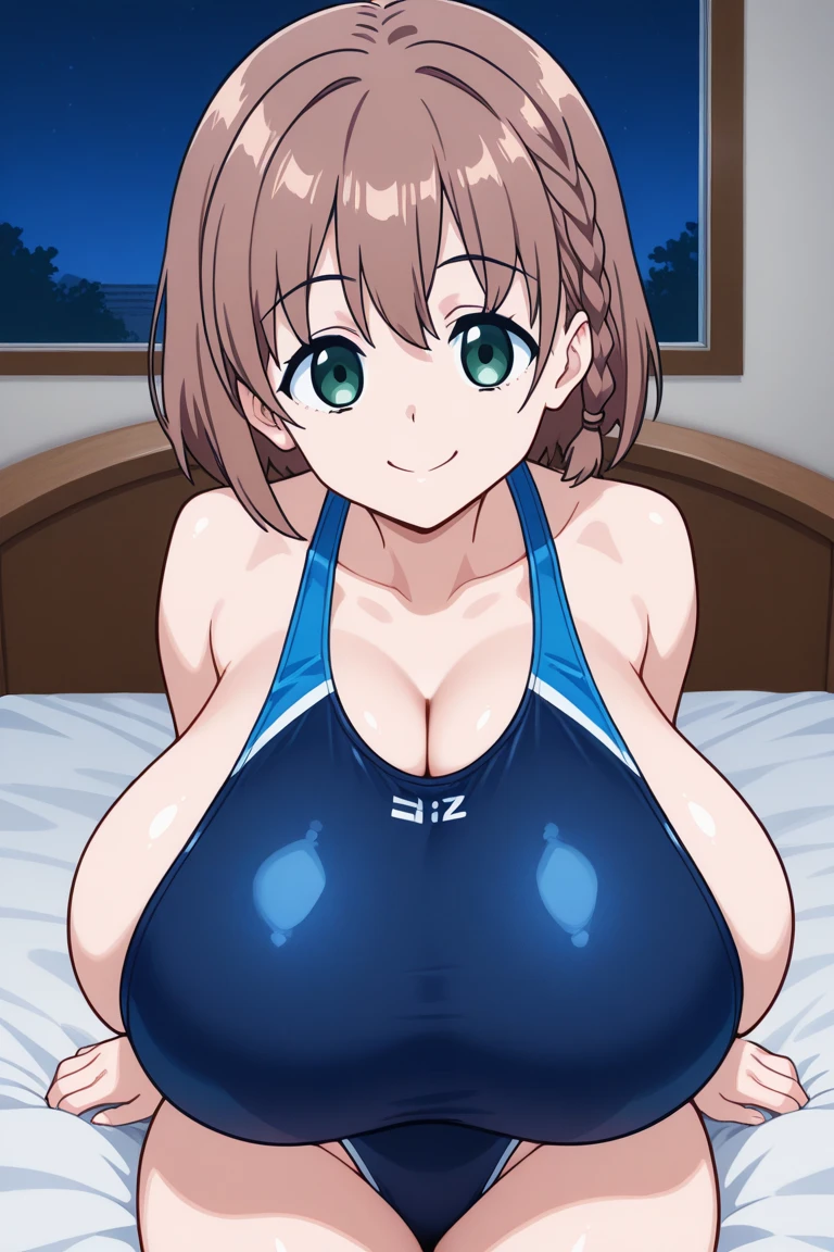 masterpiece, best quality, 8k, anime art style, Kirasaka Sayaka, Dark brown hair, ponytail, hair ribbon, (Sexy swimsuit, blush, room, bed), dynamic angle, looking at the viewer, green eyes, light in the eyes, (big breasts: 0.8), cowboy shot