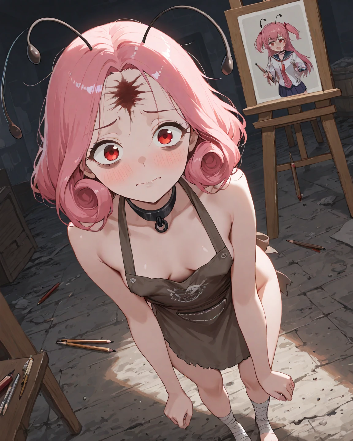 1girl, solo, suspension, up, (rope), 1girl, bodysuit, bound arms, indoors, shibari, ((bikini)), sad face, ahegao