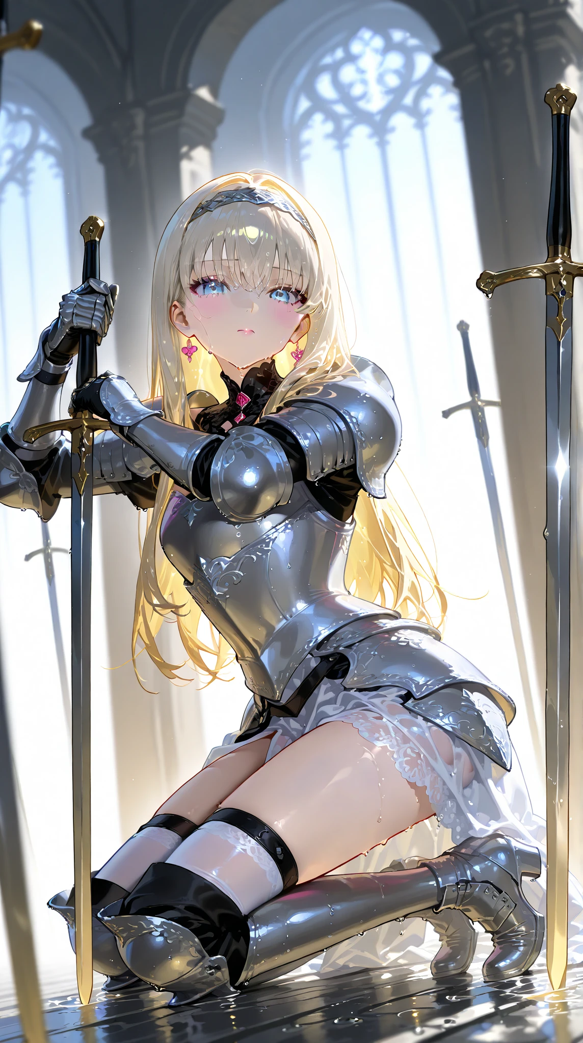 absurdres, RAW photo, extremely delicate and beautiful, masterpiece, Best Quality, ultra high resolution, 32k, hyperrealistic, ultra-detailed, 20 years old, detailed beautiful face, tearful mole, earring, very huge round breasts, short medium hair, wavy hair, wet clothes, (full body shot), alone, blonde hair, gauntlets, Joan of Arc, (surcoat), (cross armor),