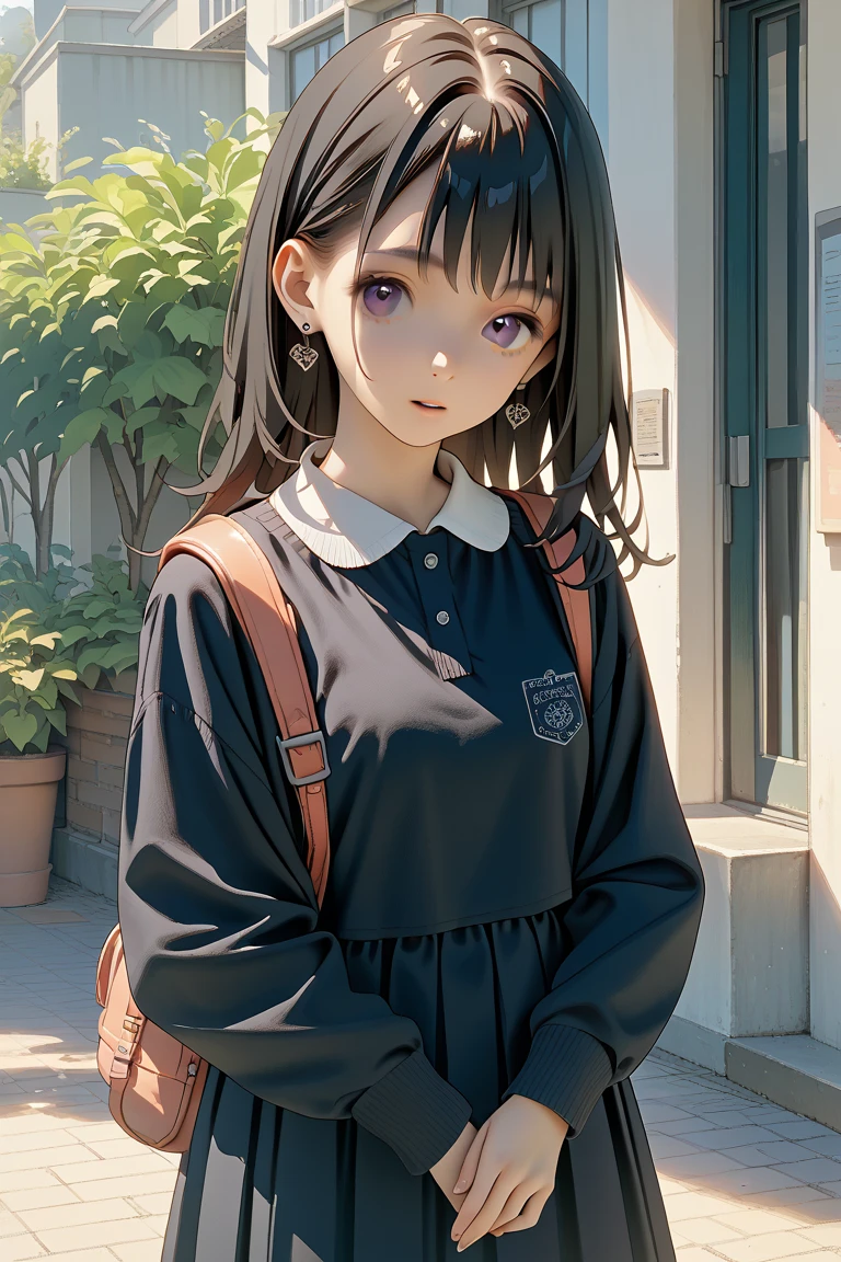 Black and white anime manga. black long-haired woman, sweet, clear, transparent, school dress with a cute left earring.