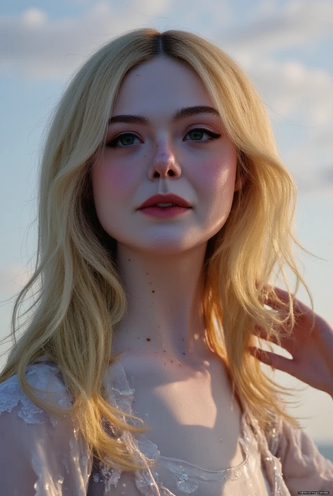 half body (photo) of debutante|bridal|goth (Veronica Lake)|(Elle Fanning:.5)|(Marilyn Monroe:1.1) , (fine freckles:.4), pale skin, (glowing blue eyes),walking on Brighton beach, lighthouse, pier, mid day, dramatic lighting, (shallow depth of field), photorealistic digital art trending on Artstation , 8k HD high definition detailed realistic, detailed, skin texture, hyper detailed, realistic skin texture, armature, best quality, ultra high res, (photorealistic:1.4),