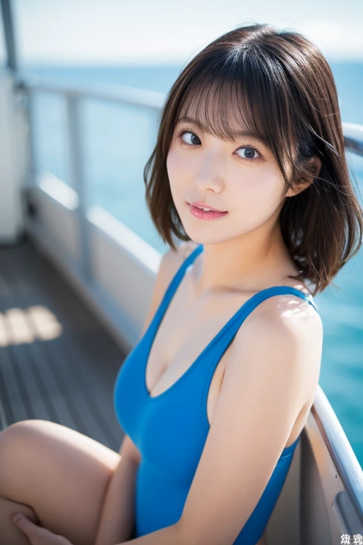 Top quality, 1 beautiful woman, super short hair and deep brown eyes, lounging on the luxurious beaches of the Maldives. She’s wearing an elegant, white halter-neck swimsuit, embodying the serene and tranquil vibe of the Maldives. The crystal-clear waters and overwater bungalows create a picture of paradise