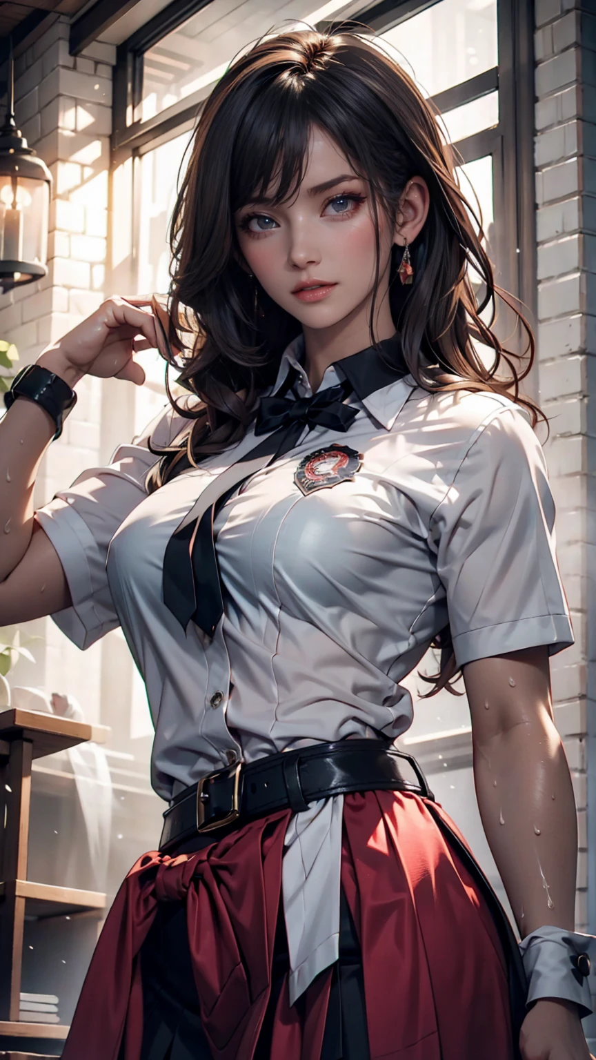 (nude pictures) Young girl with big breasts Wear a white shirt. There is a name tag on the left chest. Tie a bright red necktie Wear a bright red petal skirt. Wear a black leather belt with a silver buckle. Hair tied in a ponytail with a white bow, wet, standing in the rain, tits.