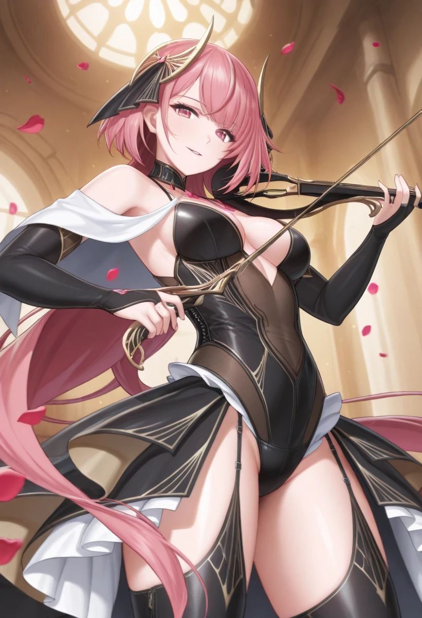 Young girl, hour glass figure, perfect body, holding a glowing spear, wearing black thigh high socks
