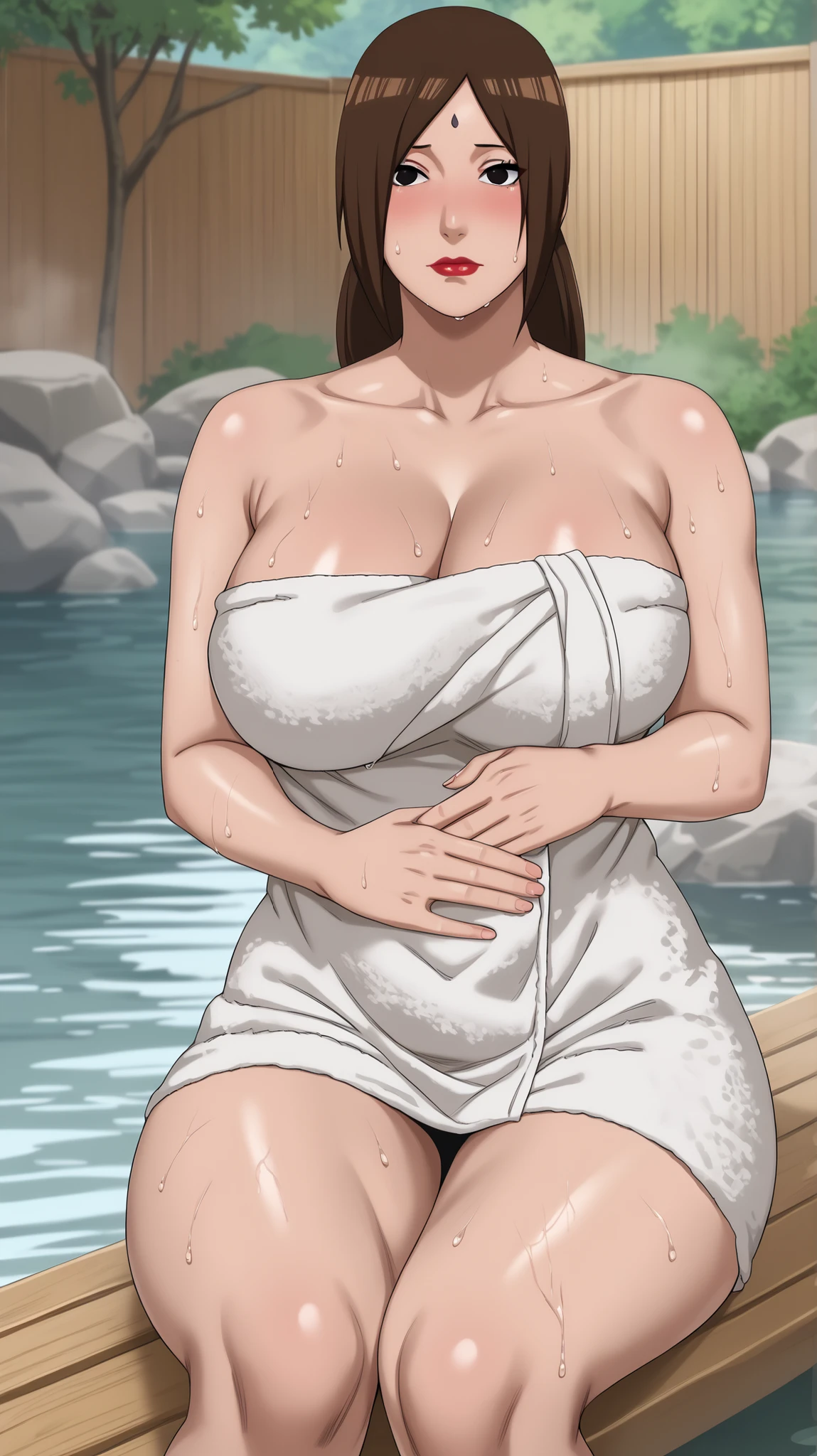 Score_9, Score_8_up, Score_7_up, Score_6_up, Score_5_up, Score_4_up, Source_anime, Tag1, Tag2, Quality_masterpiece, Anatomically correct, Beautiful face, Perfect face, Highly detailed beautiful face and eyes, Attractive face, Detailed face, Delicate facial features, Detailed skin, Huge breasted, Wide hips, Gargantuan butt, Sensual woman, mature female, milf, motherly, (((Ayame's/Boruto))), Seductive, Embarrassed, Lewdly, whore Expression, Long hair, Brown hair, Straight hair, Black eyes BREAK Towel, Tight Towel, Showing Huge Cleavage, Wet Clothes, Slip Black Areolaes : 1.2, Full Body, After Having Sex With Uchiha_Sasuke's Scene, Hand On Stomach, carrying Uchiha_Sasuke's Offspring, Tired Happy Expression, Sitting On The Hot Spring, enjoying A Cup Of Sake, red lips