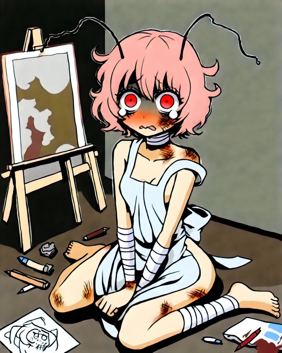 Haru Yoshioka, cat girl, blue vest, blue pleated skirt, socks, black shoes. Putting his hand on his face, opening his mouth, brown eyes, tail under his skirt, cute little fangs, medium breasts, red tie, beard, dark brown tail, , (blushing), (erect penis), (ahegao), (sticks out tongue), (estrous period), (outdoors),