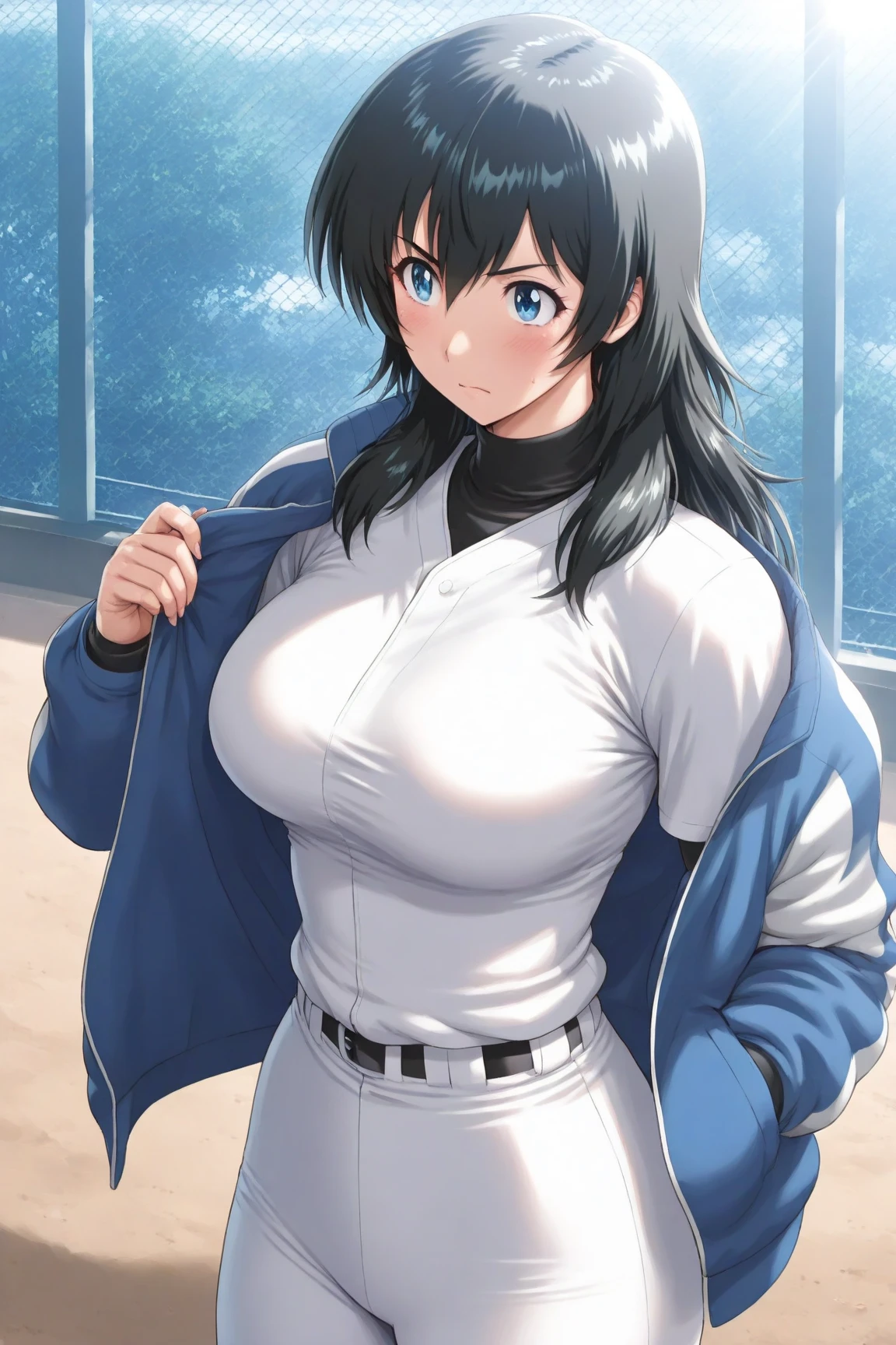 1girl, hourglass figure, mature female, milf, large breasts, ponytail, blue jacket, black hair, blue eyes, smile, black pants, short, white shirt, jacket, pants, long ponytail, large ponytail, very short hair, pixie cut