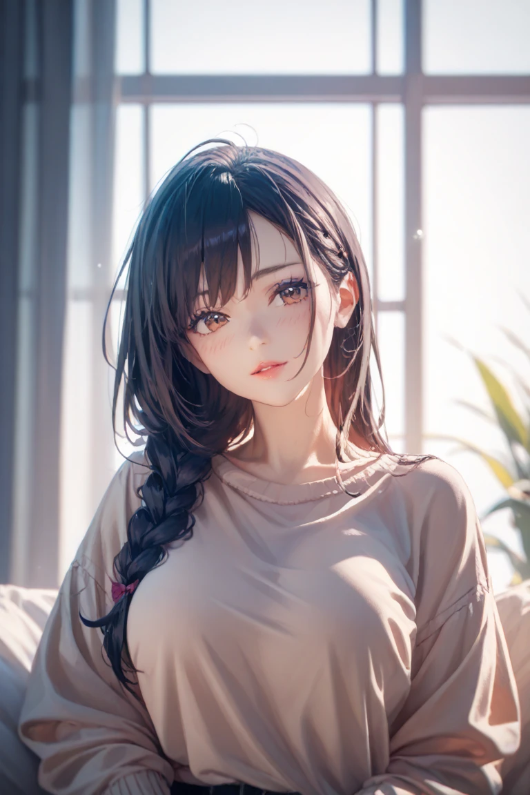 Sexy and cute woman, black brown hair, long hair, straight hair, weak eyes, blushing intensely, lips parted, ready to kiss, long oversized white shirt