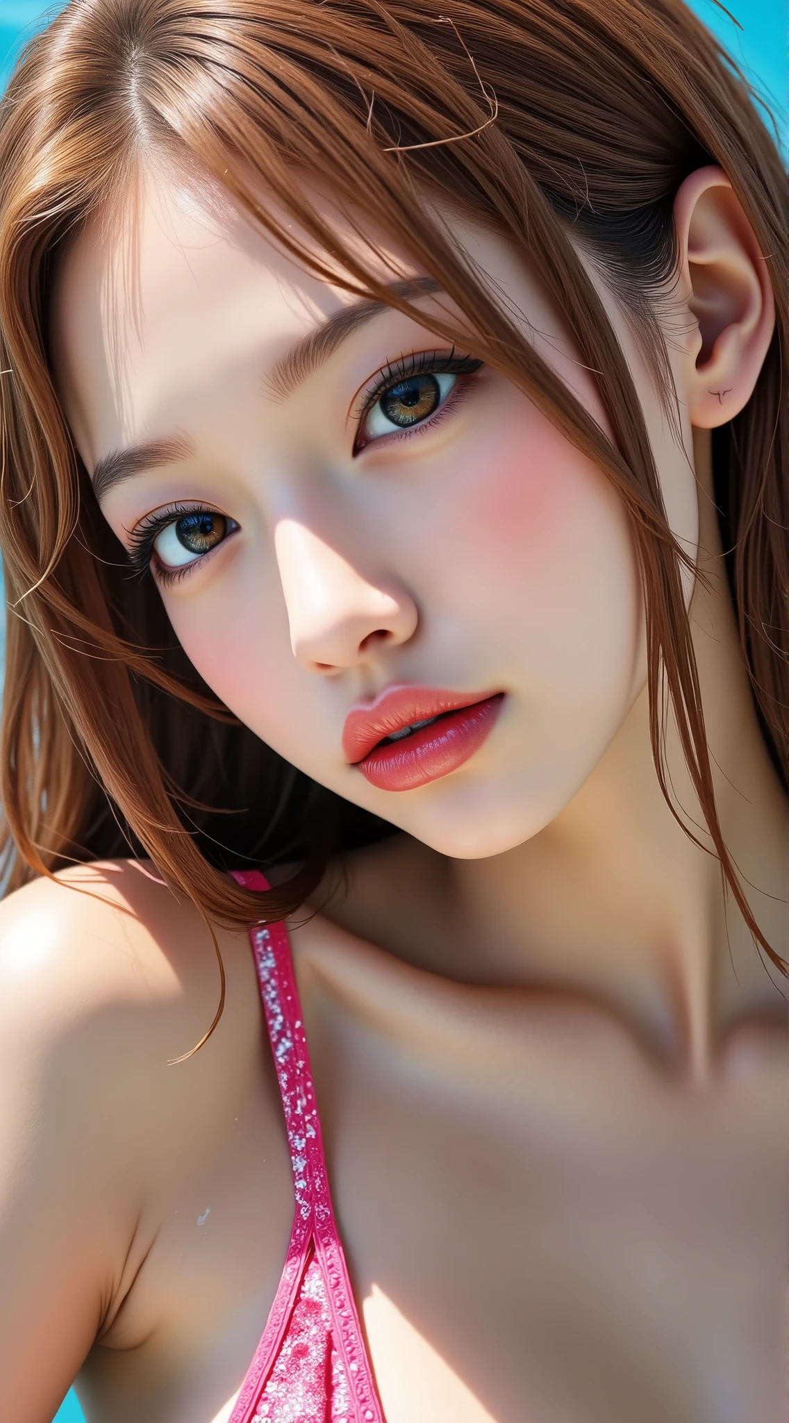Realistic (photorealistic Realism), (high resolution), ((intricately detailed digital art)), professional photography, ((portrait)),(a cute and very beautiful, 1 Japanese girl, famous Japanese Kpop idol:1.3), (ultra realistic texture details: velvety skin, hair),(close-up of her eyes),((sharp focus, no blurry eyes, high resolution, absurd quality, Realistic brown_eyes:1.4),intricately detail:1.35),((extremely fine details eyes))((extra narrow eyebrows))(extremely fine details pupils).,((focus on the face, open mouth, joyful expression)),((perfect dark_eyeshadows:1.4)),(apply glossy red_lipstick:1.3),(perfect proportions:1.2),(anatomically correct), perfect female body, full bodyesbian, ((Beautiful long legs in good style:1.35)), ((no bra, no panties:1.3)), (medium butt), (skinny body build),(perfect hot model body:1.4), ((slim belly: 1.2)), (muscular body), (Beautiful bikini, made of PVC ribbon), ((Micro Slingshot Swimsuit: 1.25)), ((Wear Micro Sling Made of ((ultra Narrow,, Sparkly neon)), Tight, PVC Ribbon: 1.3)), ((Golden Hair,Long Hair,two side up,Crossed bangs,between hair)), ((Sunny fun on the AquaLoop water slide)), ((Big AquaLoop water slide)), ((Sunny fun on the AquaLoop water slide)), ((wet scene, due to water splashes, ((face and body wet with water splashes: 1.3)), ((lightning, dynamic pose, beautiful and detailed water-soaked hair, clothes)), ((water droplets on the body, water flowing from the hair onto the body:1.2))).,, dslr, high quality split lighting, sharp focus captured by Fujifilm XT3, f 5.6,(perfect composition),((look at the viewer)), (((FULL BODY SHOT:1.35))),