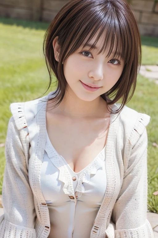 Best Quality, Photorealistic, 8K, hight resolution, fulcolor, 1girl in, Woman, 20yr old female, (Closed mouth:1.43), (Skindentation), Trees, park bench, Daylight, ((Park background:1.52)), fulcolor, ((NSFW,fullnude、big areolae、erectile nipple、fissure、Detailed pubic area、clitoris in detail、Do not express male genitalia、complete hands、2 arms、complete fingers、Refers to 5 books)), Looking at Viewer:1.8, (1girl eyes looking at viewer:1.55), (Medium Hair, brawn hair, partedbangs:1.85), (Bokeh),