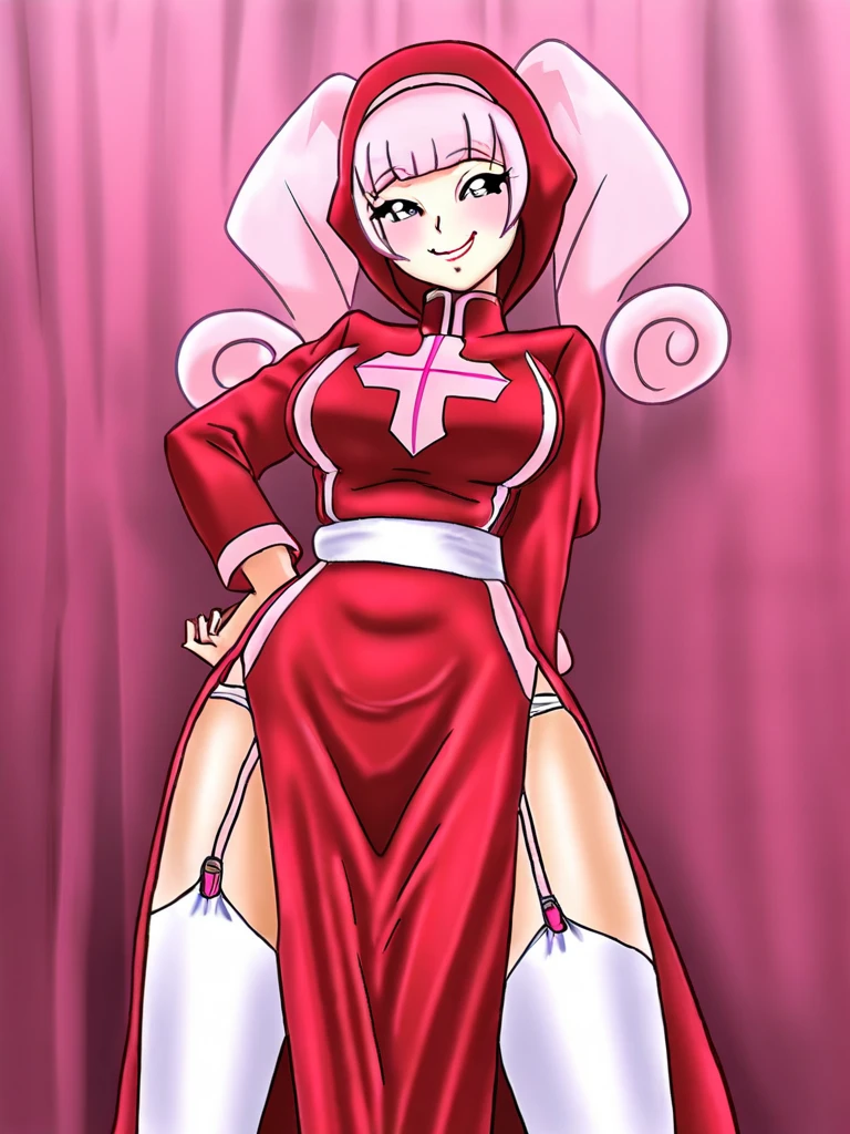 HighestQuali,tmasterpiece,A high resolution,Rose hair,Lori huge breasts cleavage,long whitr hair,1 woman,Purple skirt,action