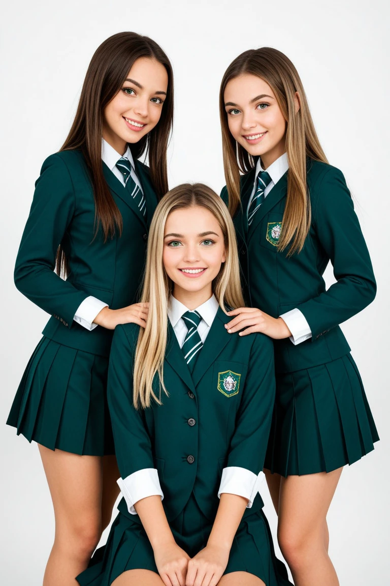Masterpiece, highly detailed, straight lines, 2girls, duo, twins, standing shoulder-to-shoulder, teenage woman, happy, brown hair, blonde hair, long curly hair, matching hairstyles, different hair colors, hair down, hazel eyes, green delmo uniform, green jacket, green pencil skirt, white background, best quality, highly detailed