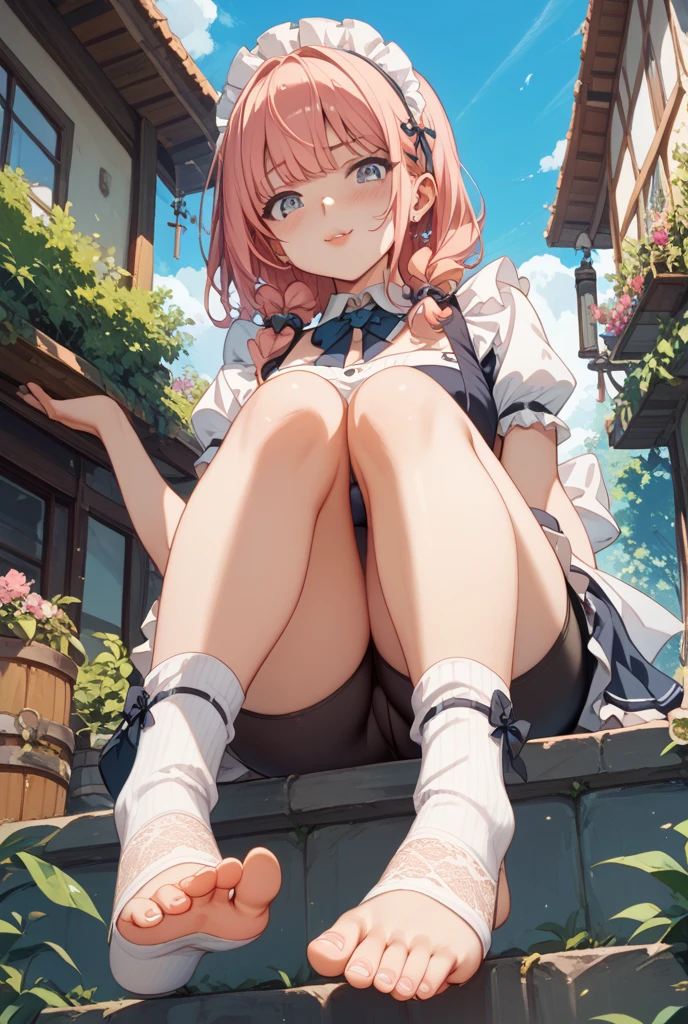 ((pale colour)),35mm, debt/1.2, super High resolution, Attention to detail, Highest quality, High resolution, masterpiece、masterpiece, Highest quality, Super detailed, Fantasy、Too much exposure、anus、Nipples、 One girl、(Blushing drunkenness:1.3)、another world、Girl in a hat、cute、another world outfit、Grass grows on both sides of the cobblestones_There is a brick building behind1item,anime、pale colour、close、Curly brown hair、