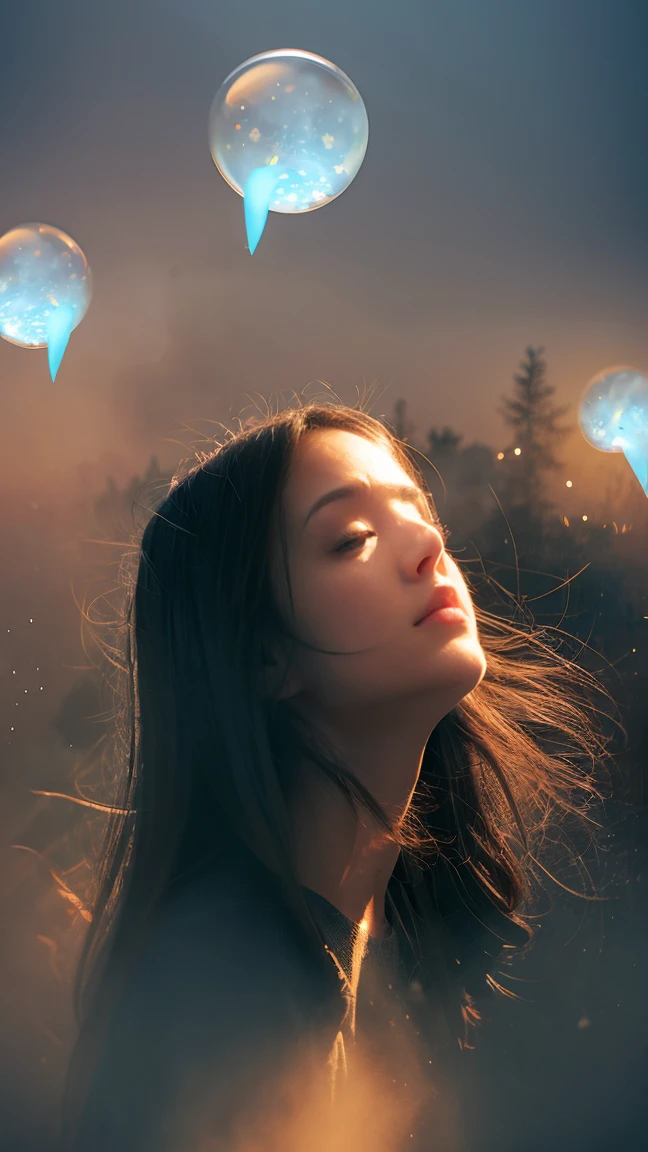 a sad girl looking up at the sky, autumn leaves forest road, both hands on chest, (star night:1.2), warm particle black light background, pastel colors palette, 16k, warm render, intricate detailed texture, fantastic atmosphere, smooth soft skin, ultra quality, dark core,