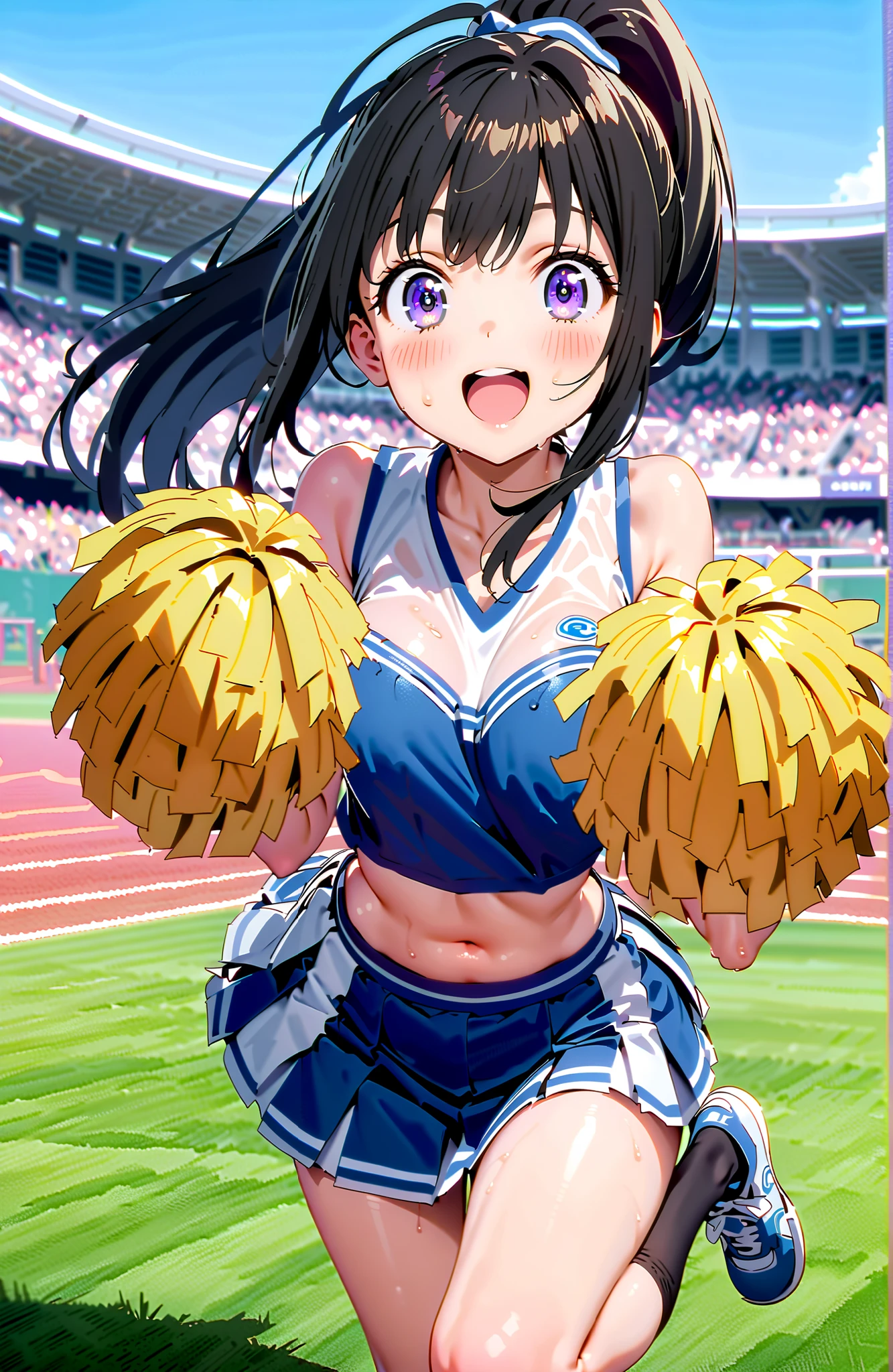 yuukikonno, yuuki konno, hair band, Long Hair, Pointed Ears, Purple Hair, (Red eyes:1.5), (Small breasts:1.2), Open your mouth wide,(Very delicate eyes), (cheer leading), (whole body),smile,blush,Lower, (Sweaty), Sweaty Wet Clothes, (Purple clothes), Pleated skirt,Black socks,sneakers,Belly-baring support, playground, (Jump), (Jump), 足を曲げてJumpする, air, blue sky, Grass原, smile,Cheerleader, Pom-pom \(cheer leading\), Grass, smile,
break looking at viewer, whole body,(Cowboy Shot:1. 5) ,
break outdoors, Stadium,crowd, people々々,
break (masterpiece:1.2), Highest quality, High resolution, unity 8k wallpaper, (figure:0.8), (Beautiful attention to detail:1.6), Highly detailed face, Perfect lighting, Highly detailed CG, (Perfect hands, Perfect Anatomy),