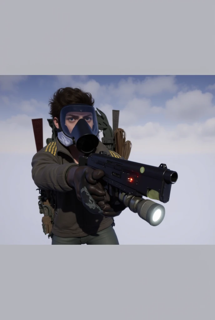 Man with a video camera equipped in a futuristic and realistic war scenario