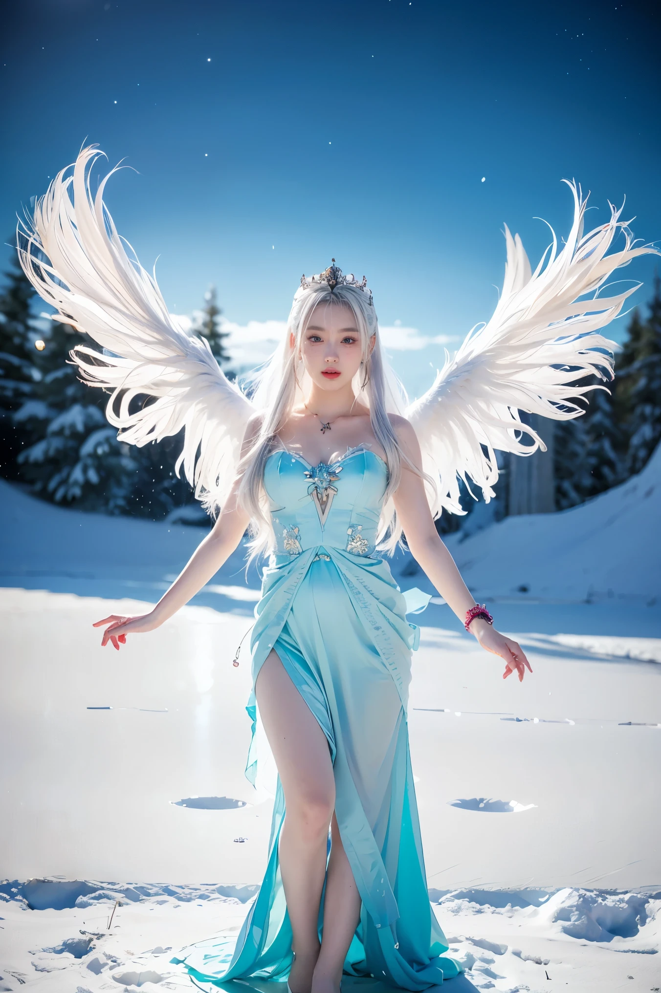 anime girl with long white hair and a blue dress in the snow, white haired deity, white hair floating in air, anime fantasy illustration, flowing white hair, beautiful young wind spirit, beautiful fantasy anime, glowing flowing hair, ethereal anime, beautiful anime artwork, beautiful digital artwork, anime fantasy artwork, ((a beautiful fantasy empress)), 2. 5 d cgi anime fantasy artwork