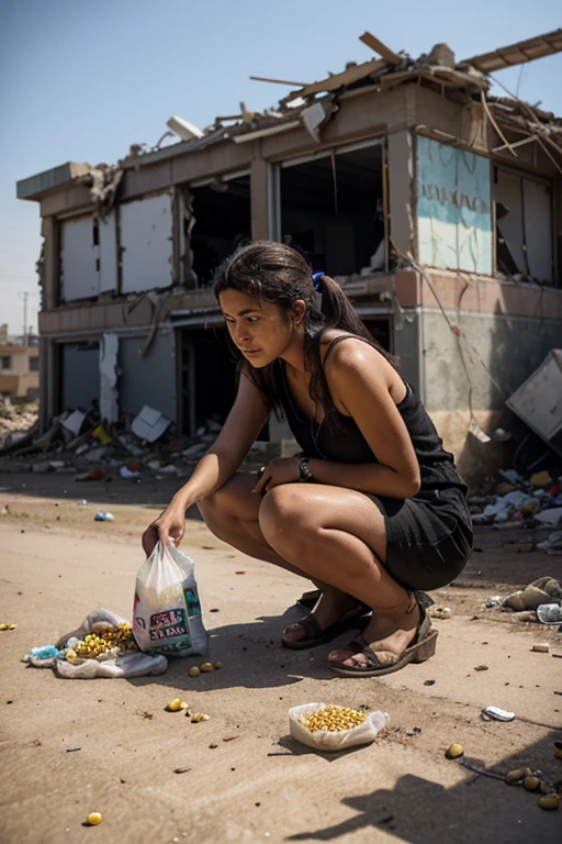 A girl in old dirty shabby clothes in the era of the apocalypse is looking for water in an abandoned area of the old city. there are stray dogs and smoke from fires around