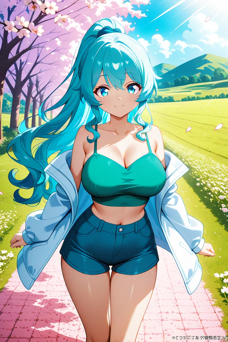 a woman wearing a casual blue shirt, white denim shorts, exposed thigh, sky long hair, sky blue eyes, sports shoes, walking in a forest park, concrete floor, big breasts, smiling.HDR, masterpiece, well defined, ultra resolution, high quality, 8k HD. (just a woman, solo)
