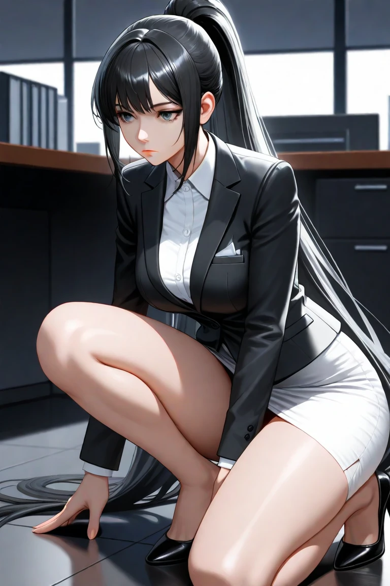 juri han,evil smile, work of art, tight white secretary shirt with black tie, black high waist skirt, short skirt, black hair, black tights, evil smile, office, bangs in the eyes, lighting, hair horn, vision of up, looking up, evil smile, sitting on an office chair, legs crossed,imagem detalhada,belas coxas detalhadas,sentada