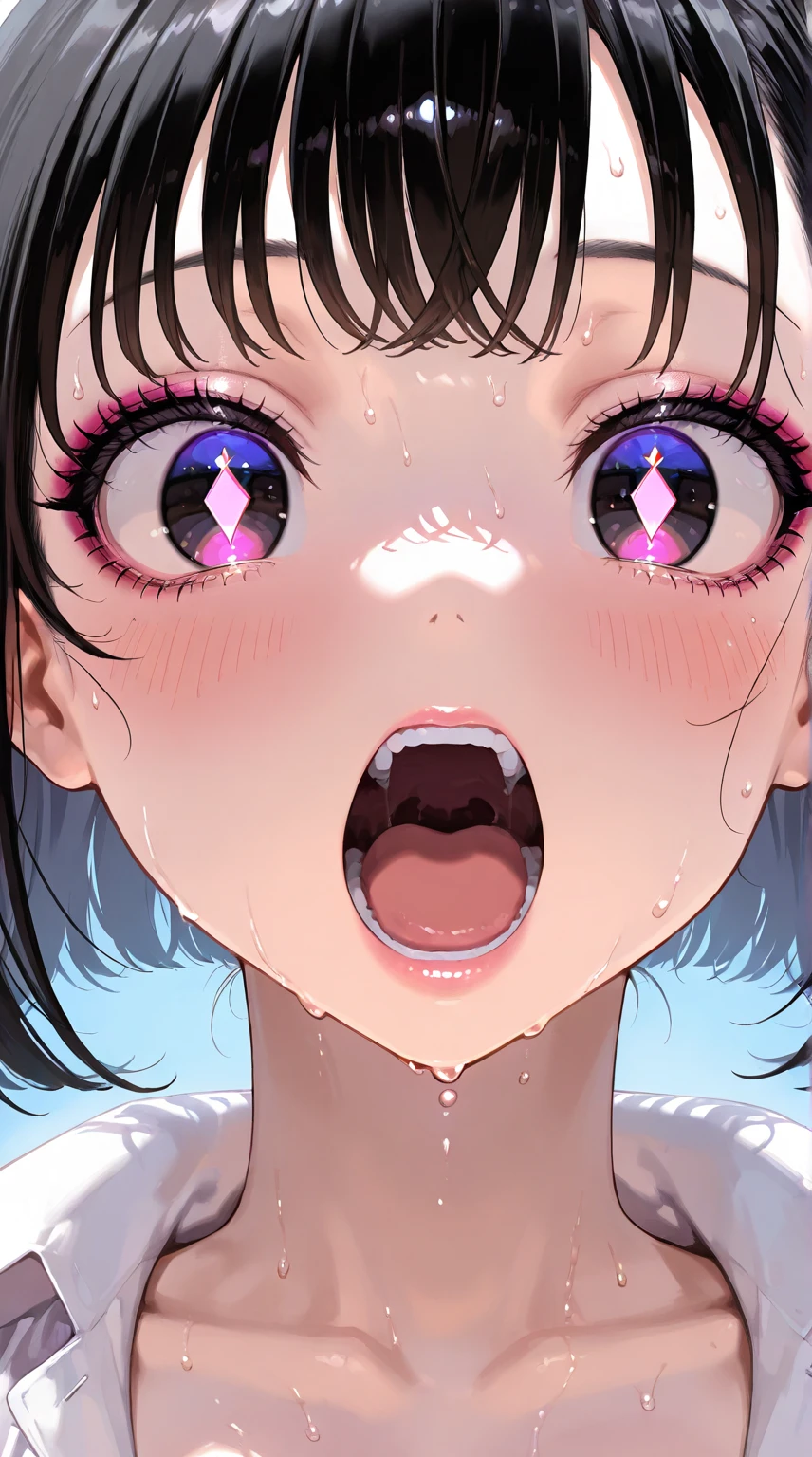 2 year old Japanese girl,pacifier,Heart Eyes,Close-up naked upper body, drool, hair splash, orgasm face, looking up'Eyes wearing silver-white mirrored lens sunglasses、I looked at the world reflected in the lenses of my sunglasses...(Side Pony,Colorful Hair),