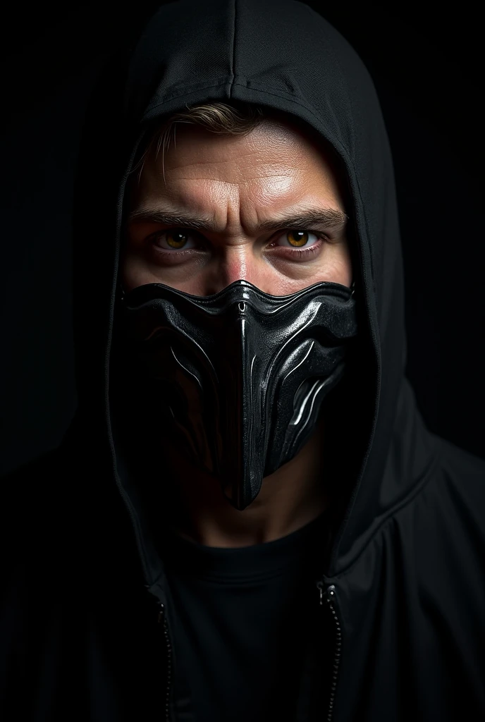 Gray Hair、1 young man、20-year-old、Mash Hair、Black eyes、Black hoodie、Wearing a black hood、Wearing a black mask