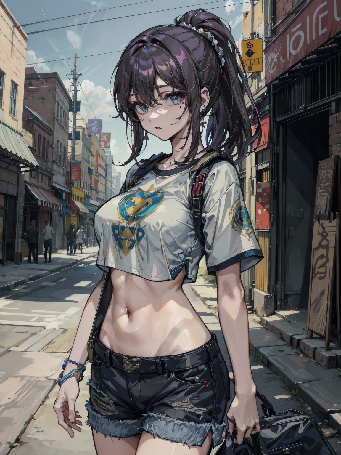 Anime, trap character, young boy, 18 years old, long hair, short clothes, , male torso, female face white top, black jacket, navel tattoo, black hair, androgen, sensual expression, pink eyes, in an alley, sensual expression, short shorts, 4k good anatomy, masterpiece, detailed face, best quality