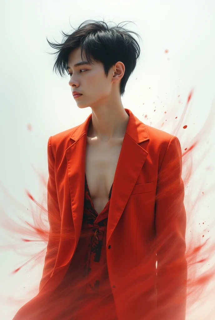 Red Holographic Dragon 1 boy，closeup cleavage，Clear facial features and a delicate face，virile，delicated