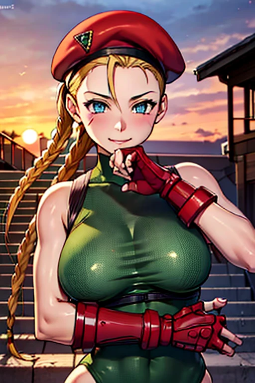 masterpiece,best quality,extreme detail,8k,cammyfn, 1girl, solo, long hair, breasts, blue eyes,brown blonde hair, large breasts, gloves, red hat, braid, ahoge, twin braids, leotard, lips, makeup, beret, scar, antenna hair, nose, harness, huge ahoge, green leotard,sleeveless, sweaty,sweat, exhausted,sleeveless,cross eye, full body , 1girl, (solo:1.2), (jumping:1.3), (mid air:1.3), (cowboy shot:1.5), smile, happy, (masterpiece:1.3), (best quality:1.3), (perfect anatomy:1.4), highly detailed, chun li, brown eyes, short hair, double bun, bun cover, blue dress, pelvic curtain, spiked bracelet, sash, brown pantyhose, (post fight scenery:1.3), rubble, outside, daylight, nyantcha, expressive faces, anime-inspired, (cell shading:1.2), lips, merging