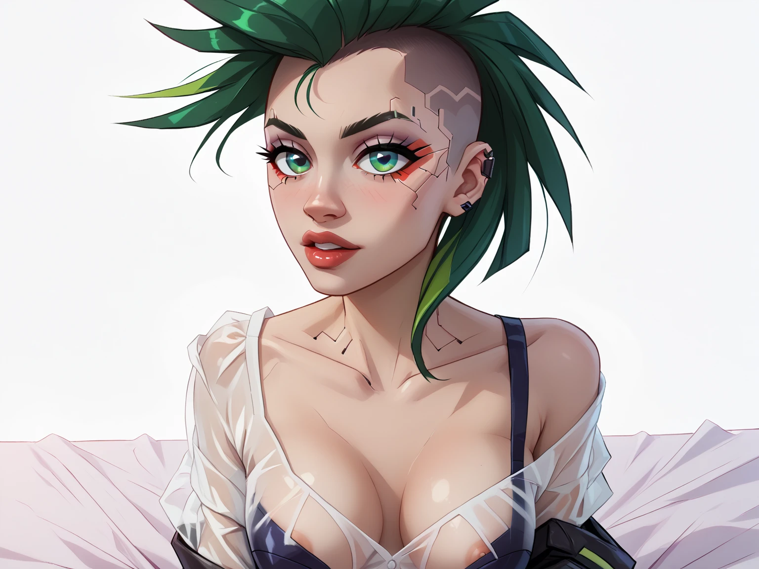 arcane style,
1girl, arm tattoo, asymmetrical bangs, bangs, blue hair,curly hair, braid, brown shirt, cloud tattoo, looking at viewer, laughing, crazy, uncontrollable laugh, mad look, night, city, green hair, short curly chinese hair, Half Buzzcut Hair, midriff, pink eyes, red lips, shirt, solo, standing, tattoo, twin braids, upper body, arcane jinx, jinx \(league of legends\)