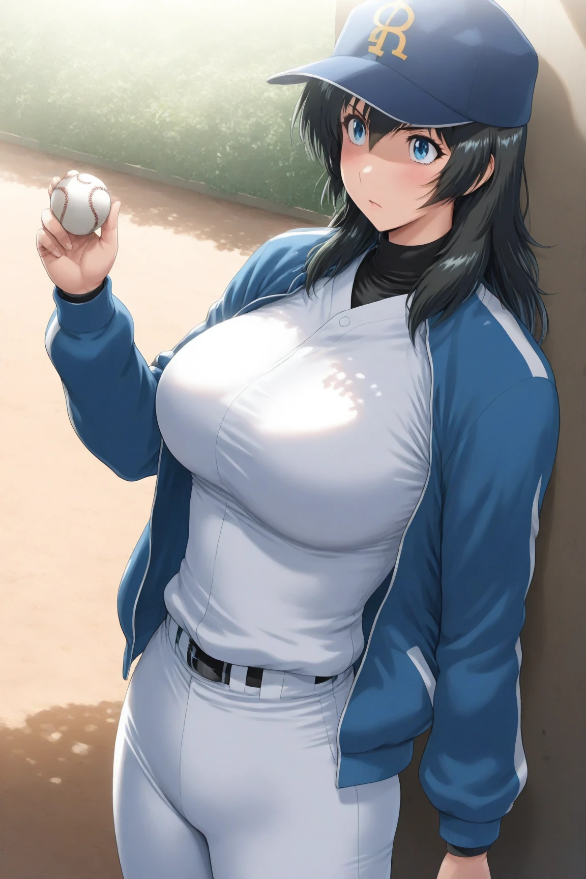 neocoill, masterpiece, best quality, 1girl, baseball thin transparent uniform,wet in sweat ,nipple showing through wet uniform ,,solo, baseball mitt, baseball cap, hat, baseball, sky, ,sportswear, cloud, black hair, blue sky, day, holding, shirt, bangs, medium Hair ,standing, holding ball, outdoors, looking at viewer, parted lips, large breasts, mature female,