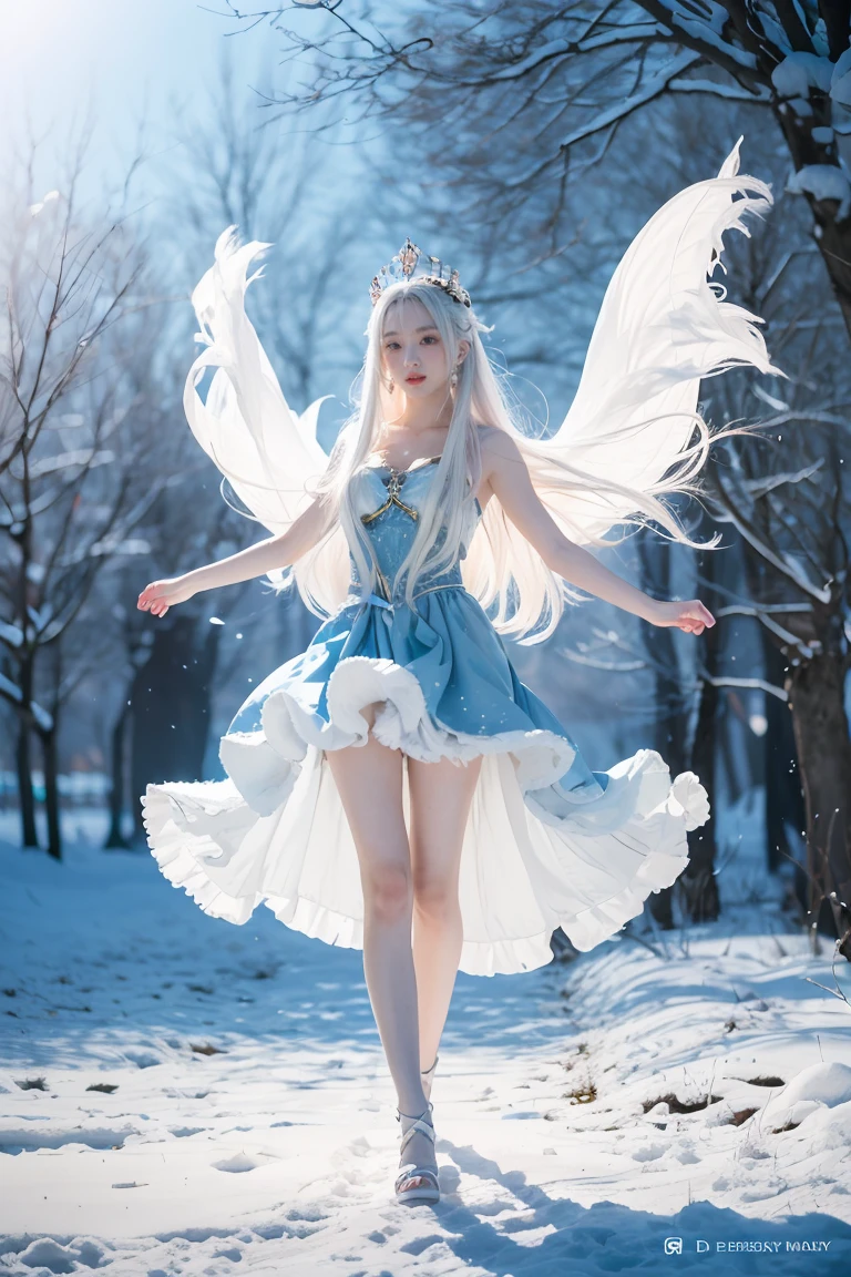 masterpiece,top-quality,超A high resolution),A Japanese Lady, (((Very beautiful angel))),(((Kawaii Girl))), View photographer、Front view, hyper cute face, Glossy lips, Double eyelids in both eyes,(((pure white hair)))、 Cute makeup, long eyelashes, shiny and smooth hair, central image, Perfect limbs, Perfect Anat、(((stockings with a snow-white pattern,,))),(((Pure white dress)),(((Pure white heels))),(((Angel wings))),(((Circle of Angels)))、(the woods))