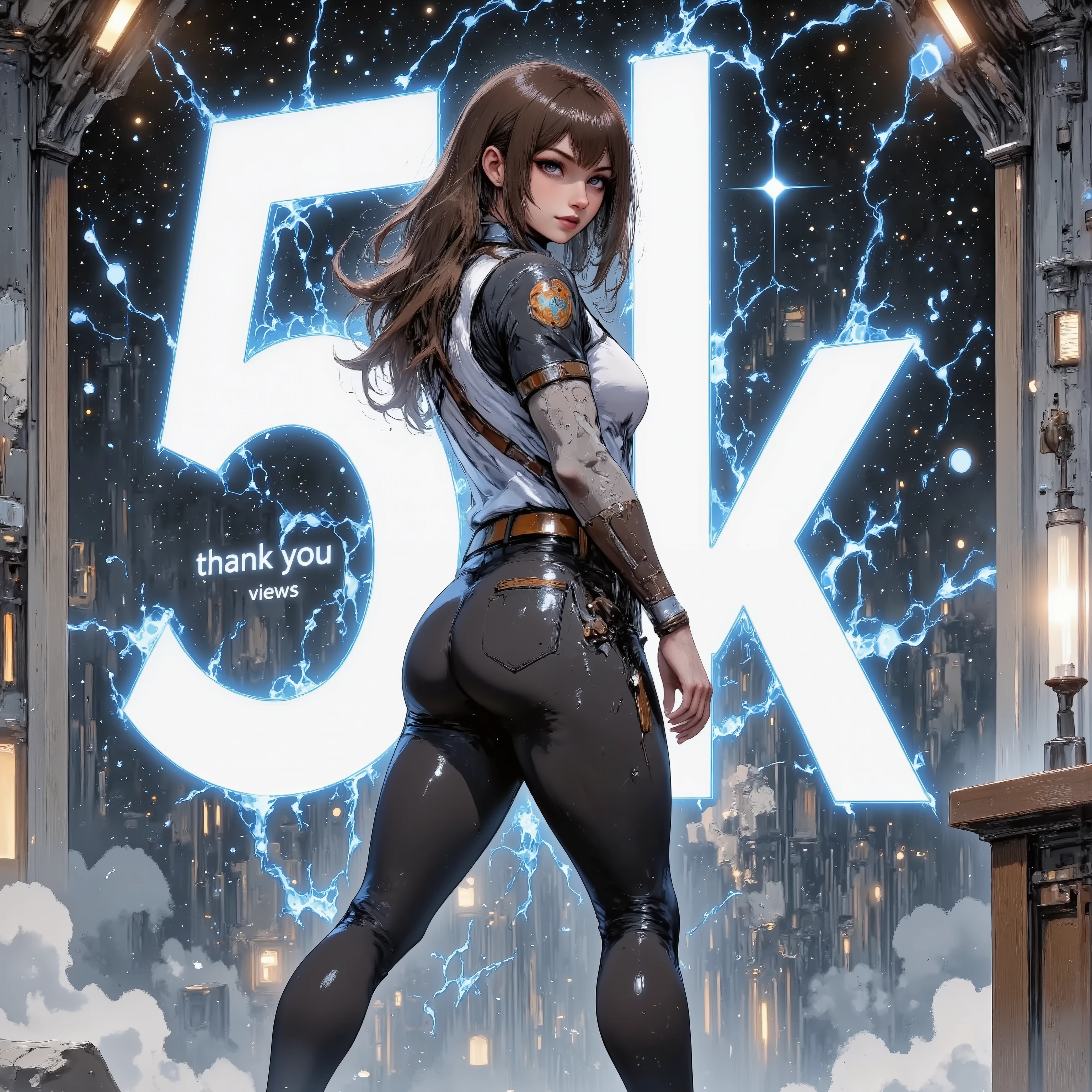 (((article, "Thank you for 5K Views ", Add text"Thank you 5K Views ", holographic big font))) ,Overlaying text on top of a character,(1girl,curvy,she is a space idol),Anatomically correct,background is the space