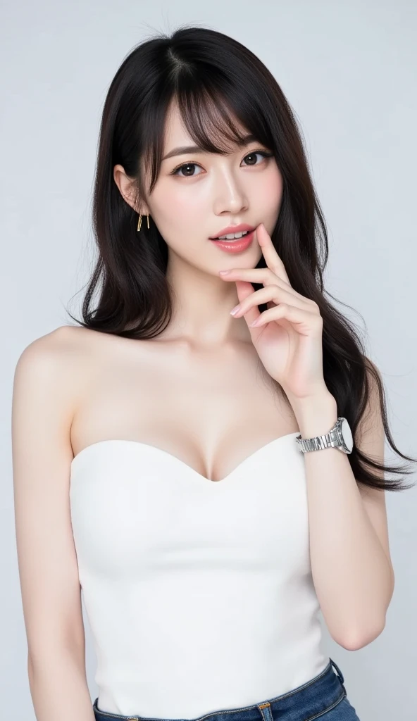 arafed woman in a white dress posing for a picture, a beautiful woman in white, dilraba dilmurat, an asian woman, milky white skin, gorgeous chinese model, sie boob, lovely woman, pale milky white porcelain skin, a young asian woman, close - up studio photo, in white clothes, wearing white camisole