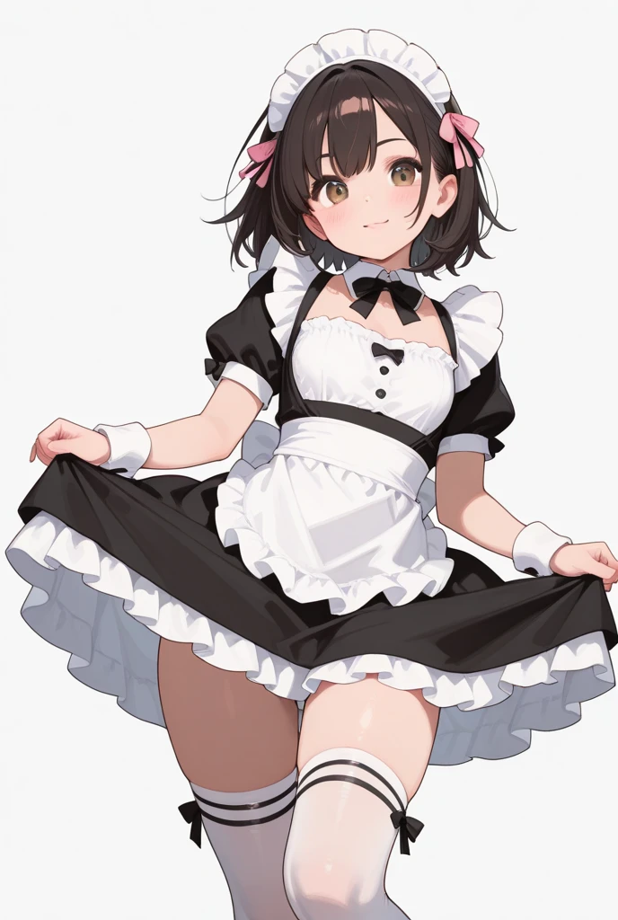 (Highest quality:1.5)、(masterpiece)、(8k:1.5)、Very detailed、Realistic、(One girl)、(Looking at me with a smile:1.5)、whole body、(Black Hair)、Small face、(Slender:1.2)、(Big Breasts:1.2)、(Pink shirt with buttons and a ruffled collar:1.2)、(Pink short skirt with frills:1.2)、(Black thigh-high socks)、(Black garter belt)、(See-through:1.0)、(Lifting her skirt to show her vagina:1.2)、(Angle from below:1.2)