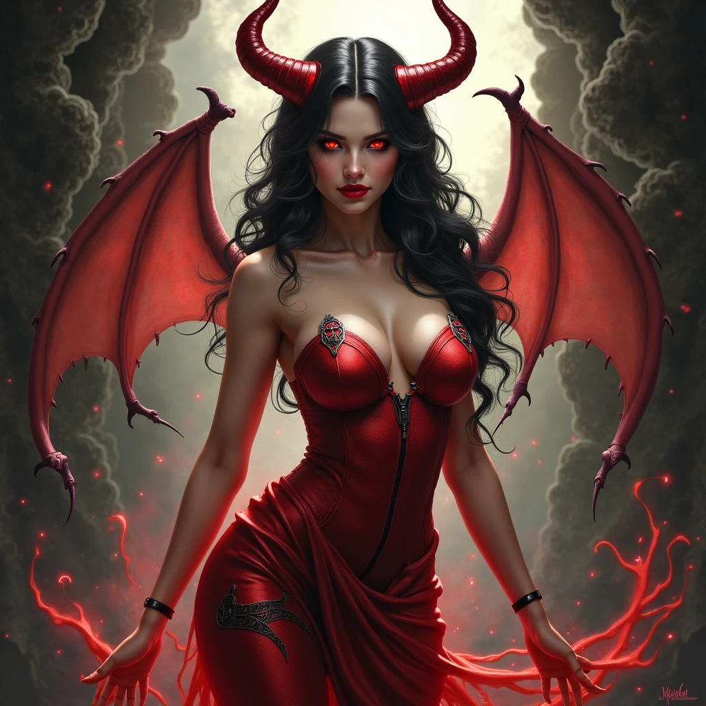beautiful, masterpiece, best quality, in the style of nicola samori, an elegant demon woman, hauntingly abstract, shifting textures, grayscale, photorealism, high resolution, RageStyle, drawn on parchment with black and red charcoals, full body