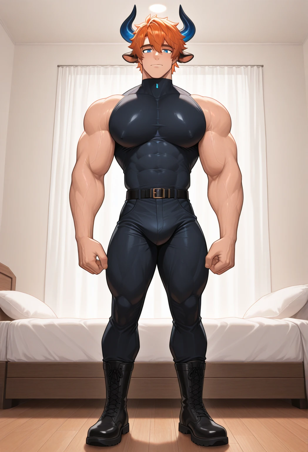 an extremely muscular man, dressed in a stick and tight military pants, in an elegant and modern bathroom with a glass shower. the shower enclosure is remarkably compact, adding dramatic tension