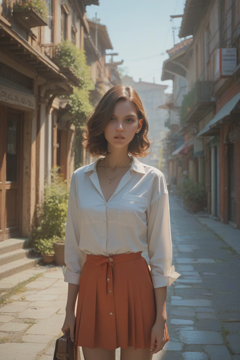 (masterpiece:1.2, best quality:1.2, extremely delicate:1.2), ((Alexandra Daddario:1.2)), a teenager girl with long deep red wavy hair, slender upturned eyebrows, sharp eyes, delicate features, ((a mix of Central Asian and European facial characteristics)), a hint of a smile at the corner of her mouth, exuding confidence, her figure is svelte, ((a fantasy-style long dress designed for both ease of movement and regal elegance, loose and comfortable trousers that match the outfit for ease of movement, red and white as the main color, complemented by yellow accents)), proudly standing with hands on hips, the scene is set in a majestic fantasy-style ancient city that melds Chinese and Japanese architectural influences, this character embodies a finely crafted fantasy-style female villain, exquisite photography, Photo realism, photorealistic, goddess, pale skin, perfect skin, textured skin, detailed skin, porcelain skin, dramatic, high definition, highres, ultra-detailed, ultra-fine painting, professional, perfect body proportions, golden ratio, anatomically correct, symmetrical face, perfect eyes, extremely detailed eyes and face, high quality eyes, creativity, RAW photo, UHD, 32k, Natural light, cinematic lighting, (masterpiece-anatomy-perfect:1.2)