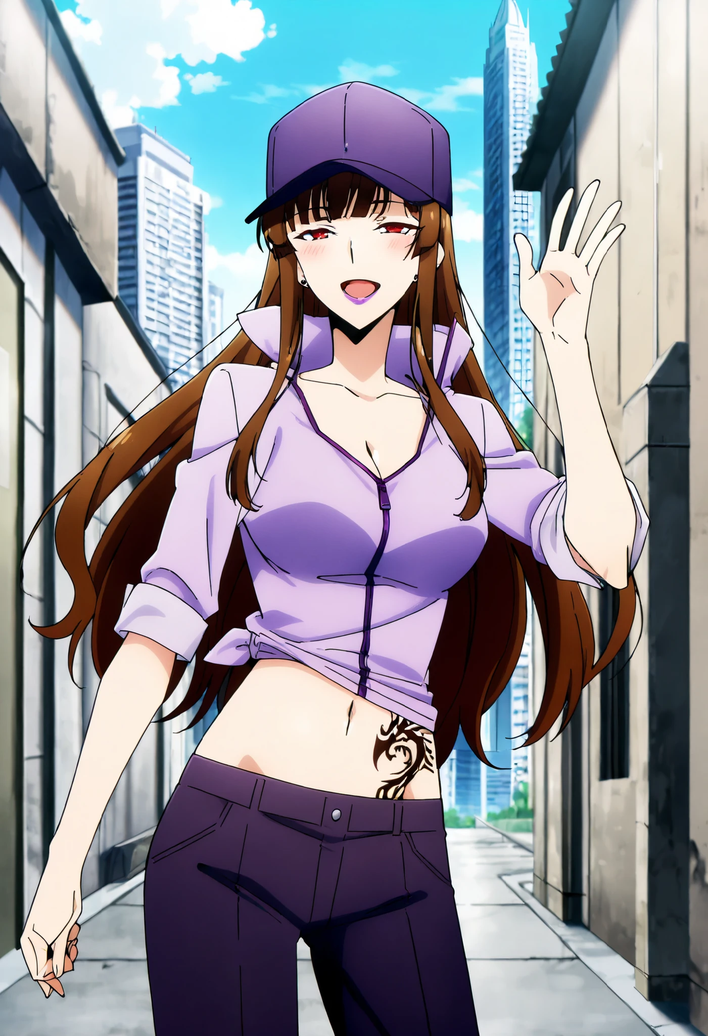 score_9,score_8_up,score_7_up,score_6_up, source_anime, girl, dynamic pose, waving, long hair, brown hair, sidelocks, bangs, red eyes, purple cap, baseball cap, violet shirt, purple zipper, high collar, rolled-up sleeves, untucked, , modern city, alley, skyscraper,ear piercing, long hair, blush, lipstick,Hot girl, baddie, smoking, sensual, attractive exposed navel, exposed bellybutton, smile, cleavage, open mouth, waist dragon tattoo, narrowed eyes, tattoo waist, anipai_style , anime screencap , anime coloring ,Solo Leveling Style