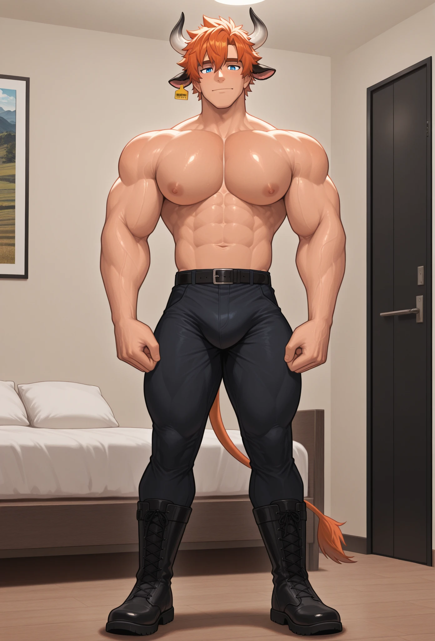 absurdres, highres, ultra detailed, HDR, masterpiece, Ren Zotto, vtuber, black hair, expressive red eyes, demon, black horns, 1man, handsome, black leather jacket, inside a dungeon, cave. A (Young face) 15 year old teen (15 yearsttractive boy, standing, full body. Mexican ethnicity. tanned skin, short hair bangs that fall on both sides of his youthful face. carefree expression, young man, alone, marked muscles, beautiful musculature, aesthetic stretch marks, inspiring physique, slender muscles, square pecs, beautiful V-cone, excellent abs and torso, chiseled abs, pectorals chiseled, perfect massive muscles, inflated muscles, voluminous pectorals, massive muscular body, a huge gigantic chest with a narrow waist, huge shoulders, ridiculously well-shaped large pecs, eight chiseled abs, (very toned and huge) with his military haircut and voluminous neck, narrow waist, golden eyes, young face, beautiful, young. Teen muscular young builder with extraordinary and firm back, chiseled muscles, rhomboid muscles, latissimus dorsi. Gigachad. He wears a leather tight black leather pants, bulge chest, shirtless, topless, bare torso, he does not use a belt. He is shirtless under his jacket, which highlights his prominent abs and pectorals. He doesn't wear a belt. His muscles stand out. Ruins of greek temple background. Standing, full body. (((black latex pants))) (((Exposed muscular torso. Open jacket.)))(((Back))) huge, firm and muscular thighs, round buttocks and round butt with back, huge ass ((firm buttocks))
