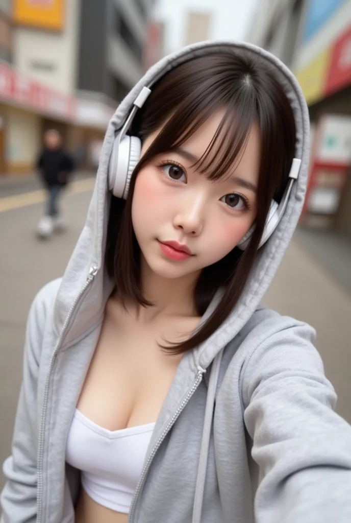 (masterpiece、Ultra-detailed、8K、Highest quality:1.3)、((wonderful))、Short hair with bangs、Wearing a black short-sleeved hoodie、White Mill、((Wear black headphones around your neck))、Sit on、Leg spread、garden