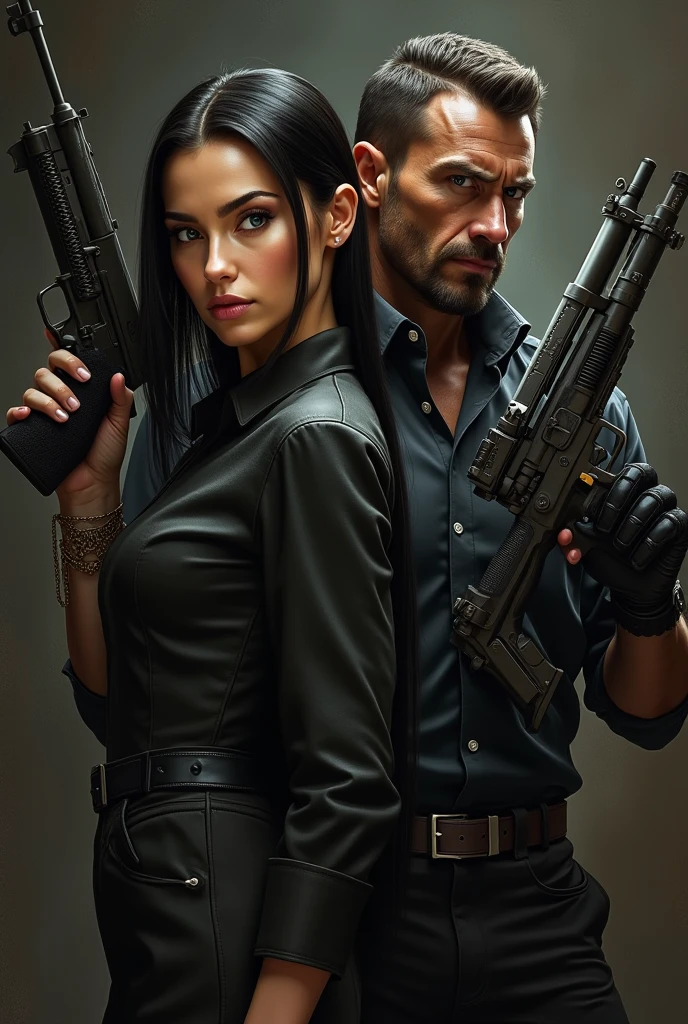 TALL DOMINANT MAN WITH BLACK HAIR, WITH A GUN THAT HAS A BEAUTIFUL AND SLIM BLACK-HAIRED WINGED WOMAN LOOKING LIKE MEGAN FOX IN A MILITARY UNIFORM . both are white skinned