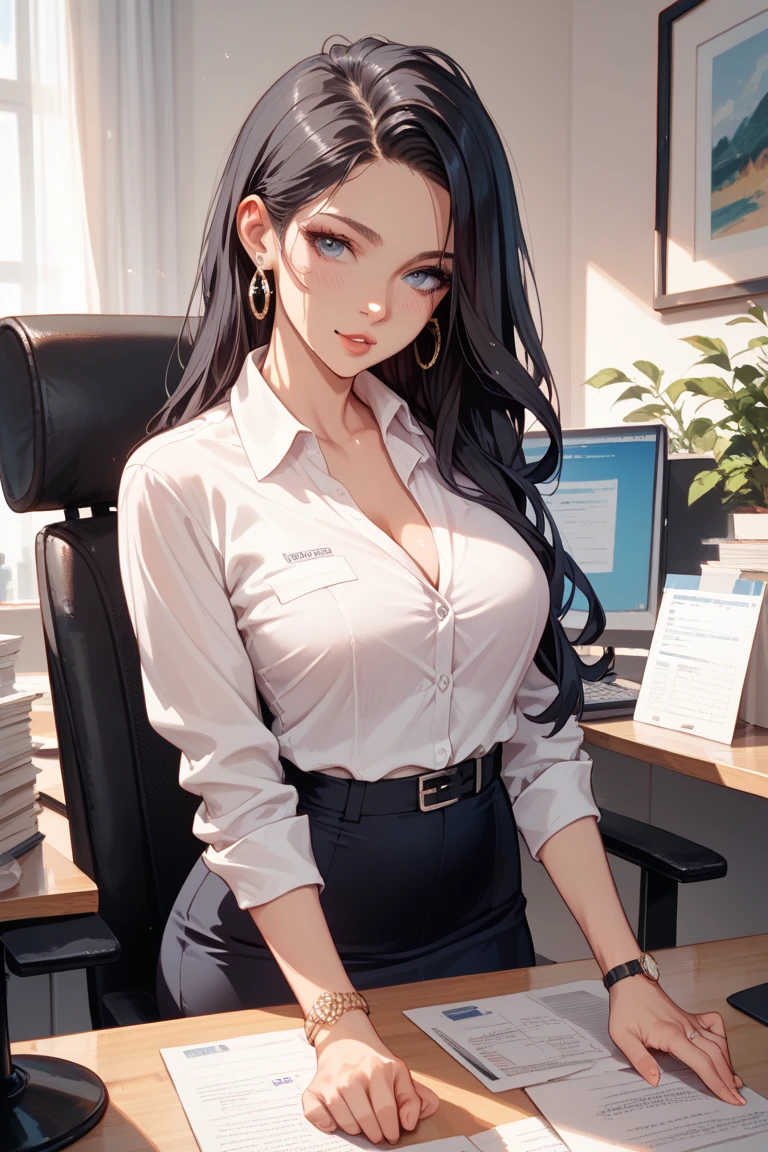 Alexandria Ocasio Cortez, masterpiece quality, (masterpiece quality:1.3), high res, realistic, lots of detail, alone, 1girl, (1girl:1.9), solo, in a office, office computers in background, paperwork in background, long hair, (long hair:1.5), black hair (black hair:1.5), wearing choker collar, wearing business outfit, wearing white blouse, (white blouse:1.5), wearing short black miniskirt, (miniskirt:1.5), wearing fishnet stockings, (fishnet stockings:1.5), thin body, small breasts, (small breasts:1.5), lots of cleavage, aroused, (aroused face:1.5), blushing, (blushing:1.3),